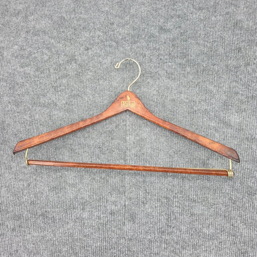 Polo Ralph Lauren Vintage Wooden Suit Hanger Brown Gold Logo Pant Bar 17 Inch